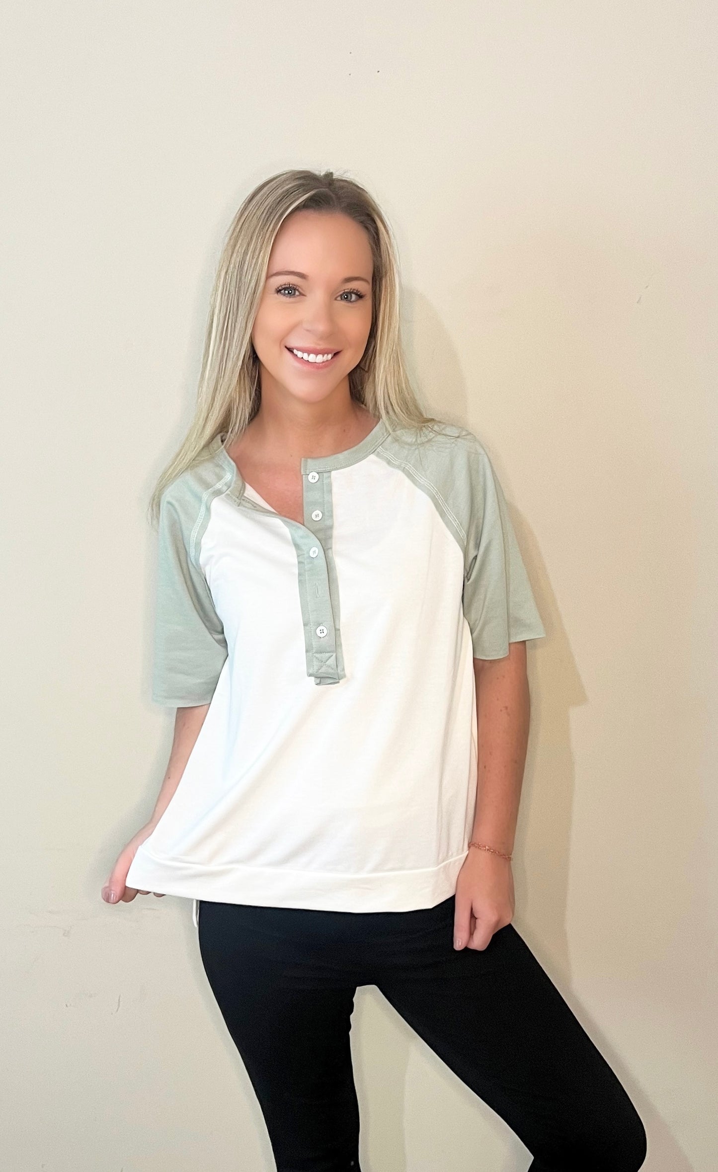 Green and White Button Tee
