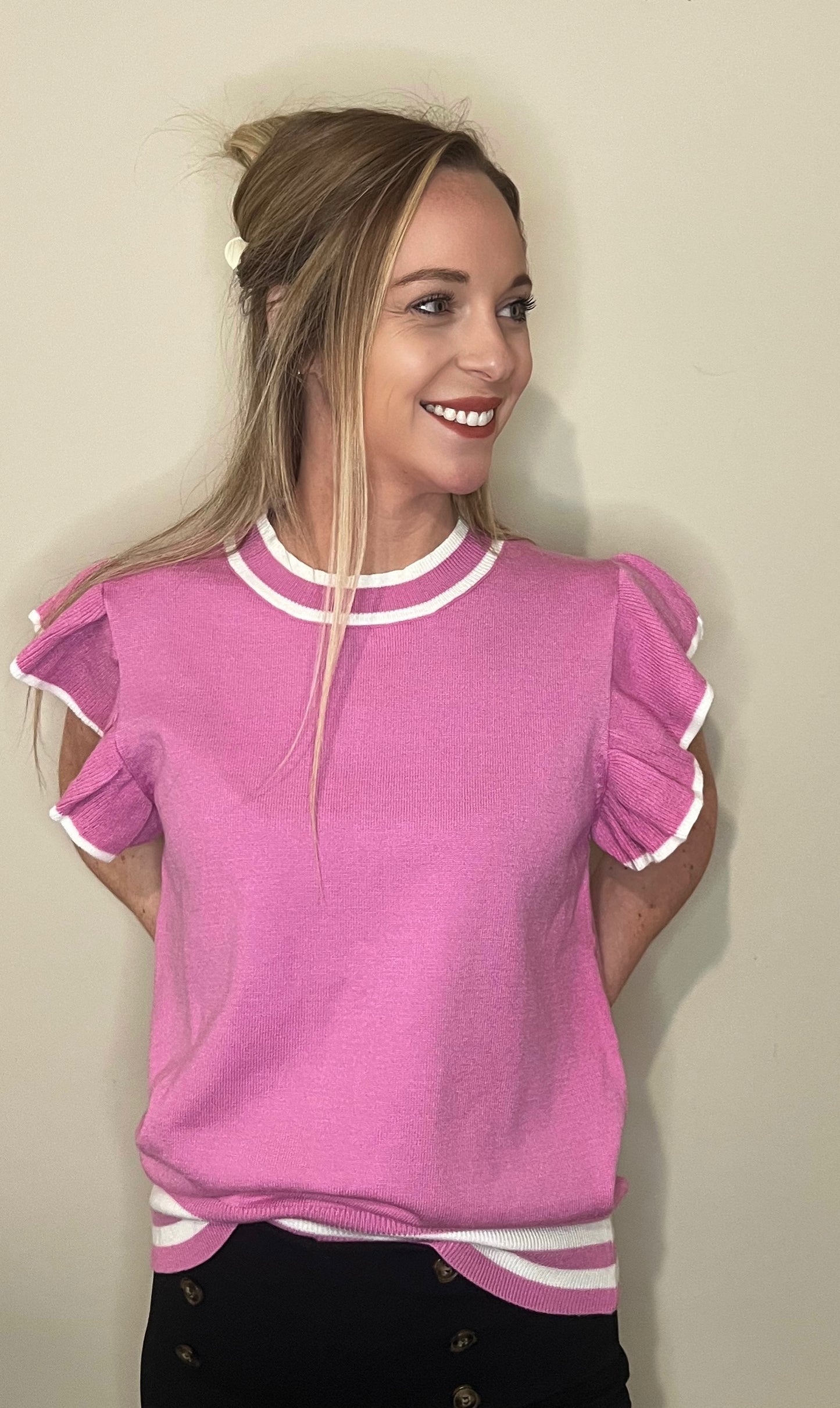 Pink Round Neck Ruffled Sleeve Shirt