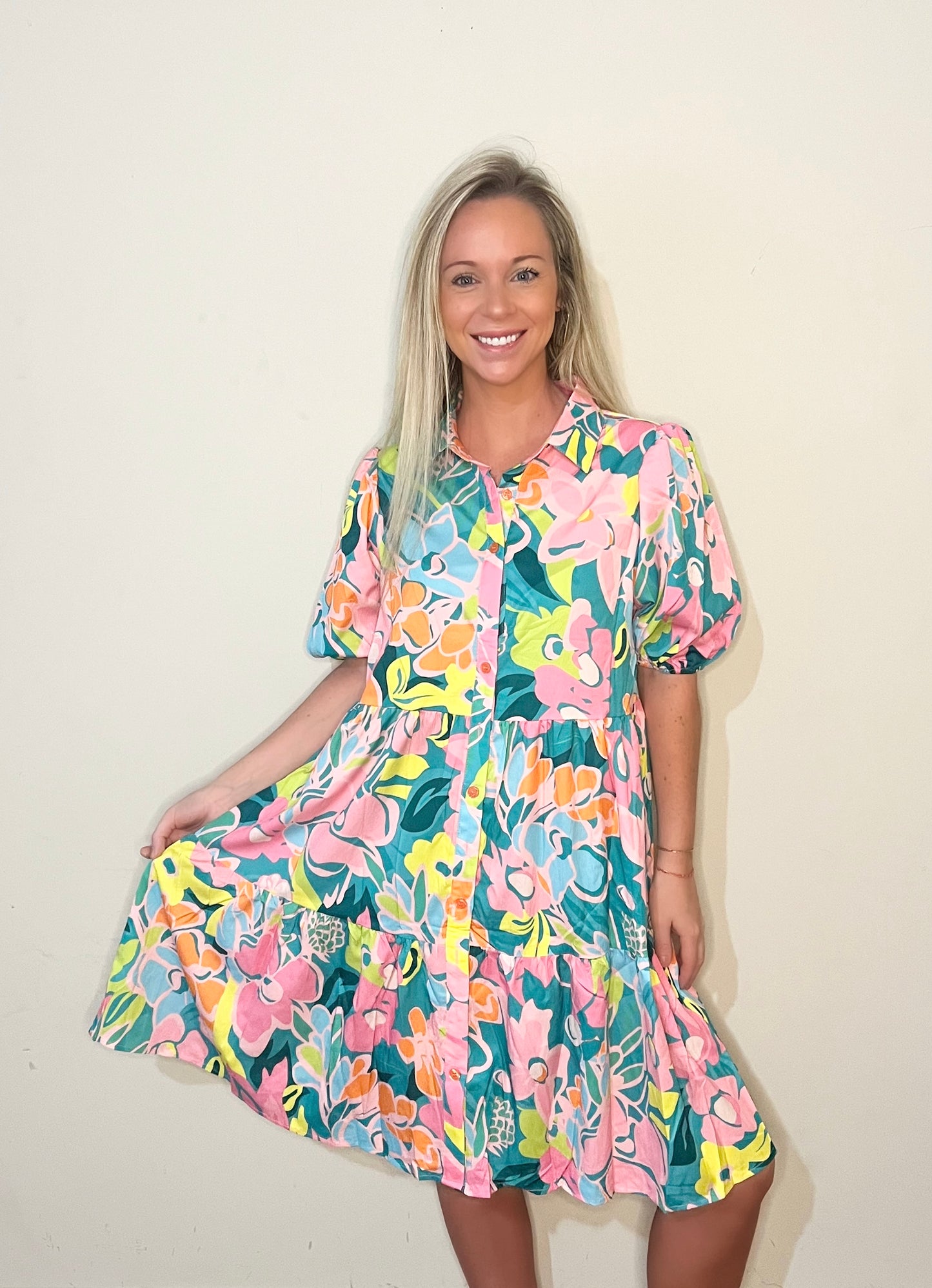 Green Floral Puff Sleeve Dress