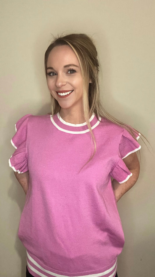 Pink Round Neck Ruffled Sleeve Shirt