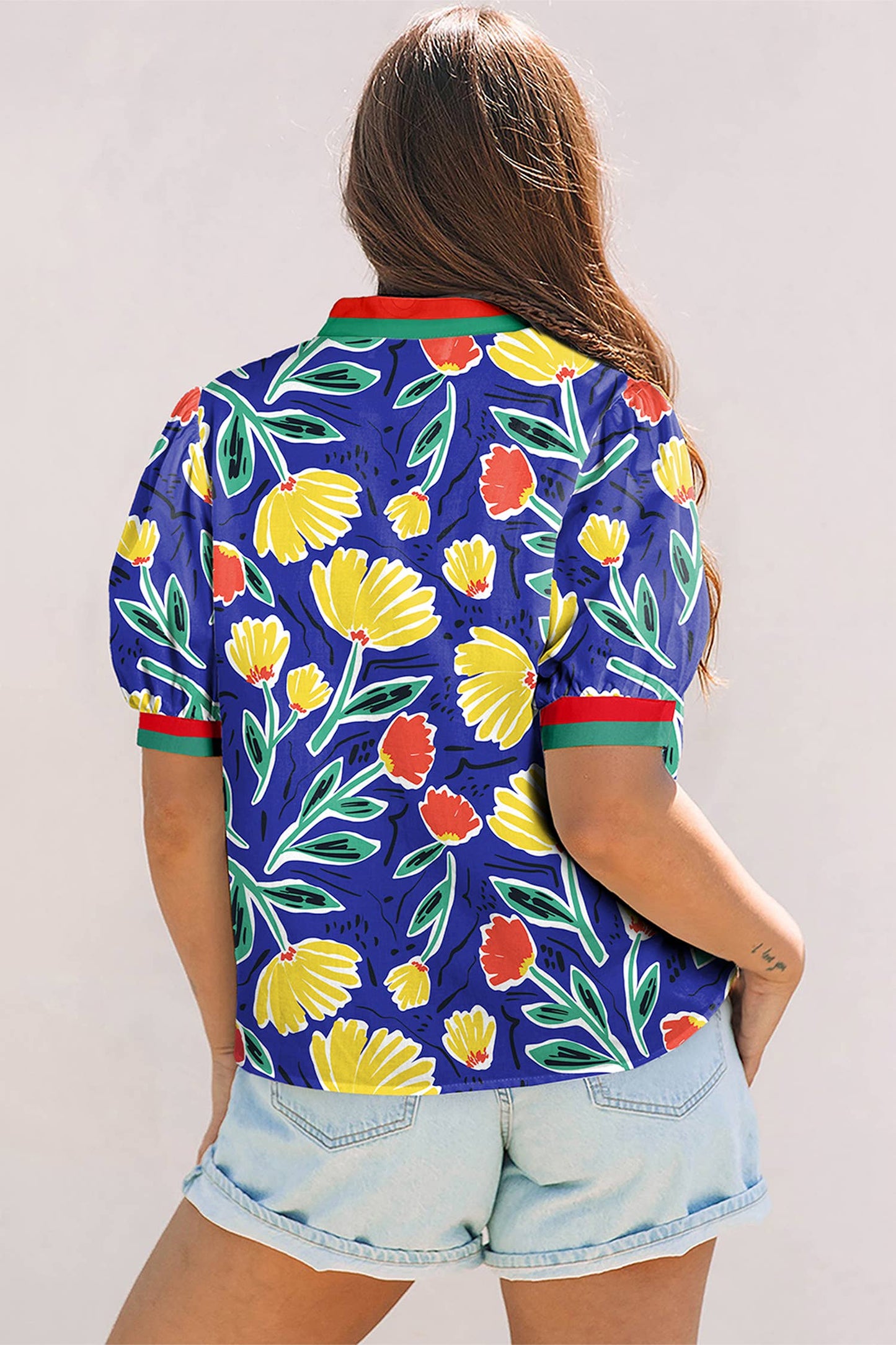 Floral Contrast Striped Patchwork V Neck Blouse | S-XL