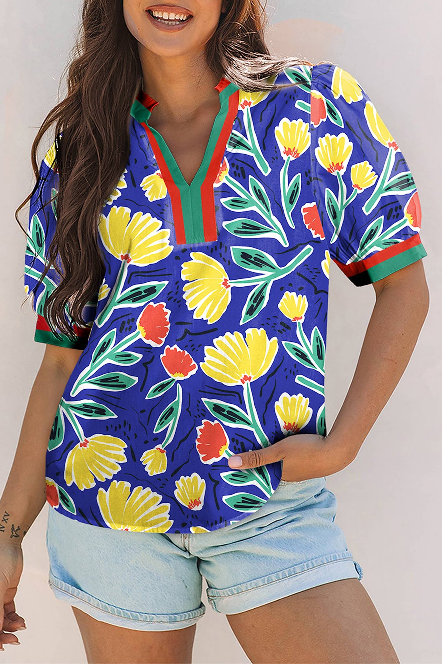 Floral Contrast Striped Patchwork V Neck Blouse | S-XL