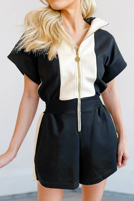 Contrast Collar Patchwork Zip Front Romper | S-XL