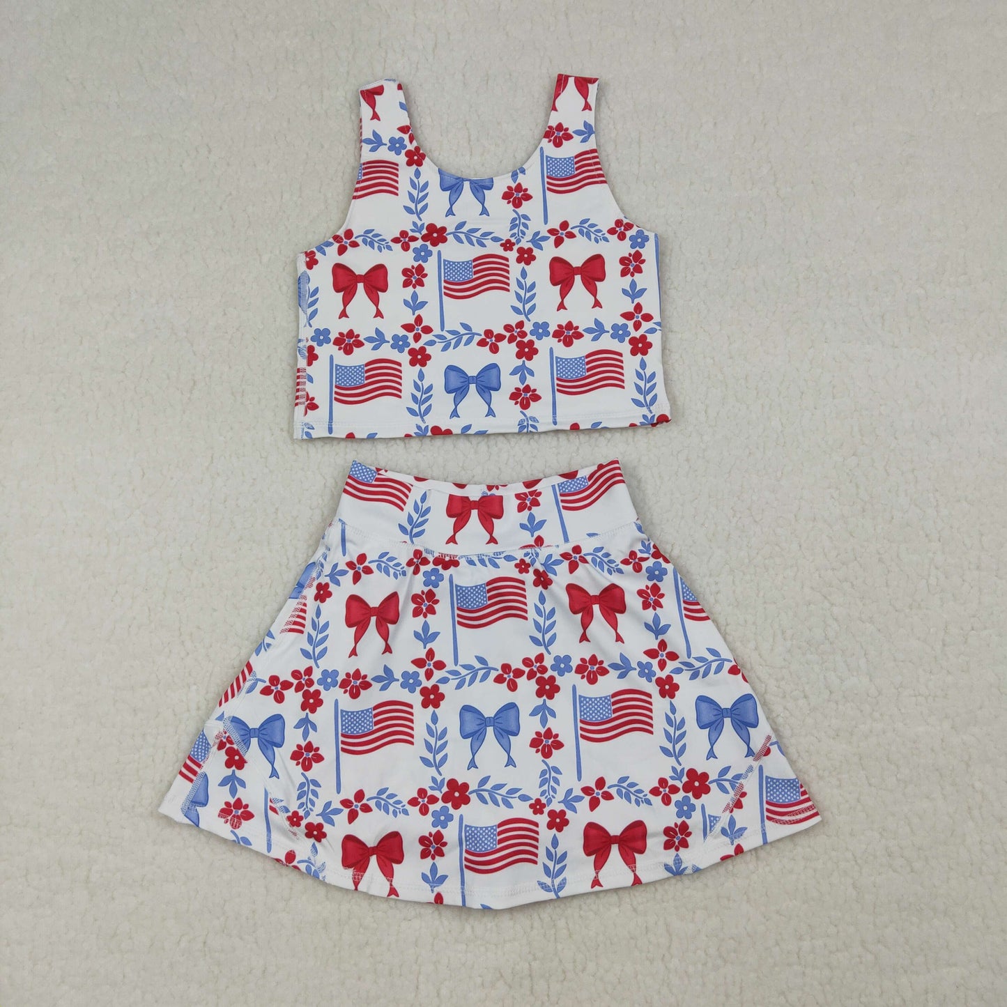 Girls 4th of July Bows Vest Skorts Yoga Active Clothes Sets