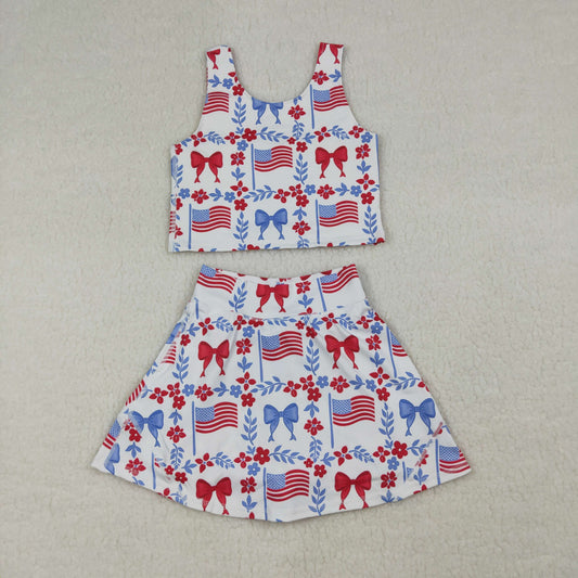 Girls 4th of July Bows Vest Skorts Yoga Active Clothes Sets
