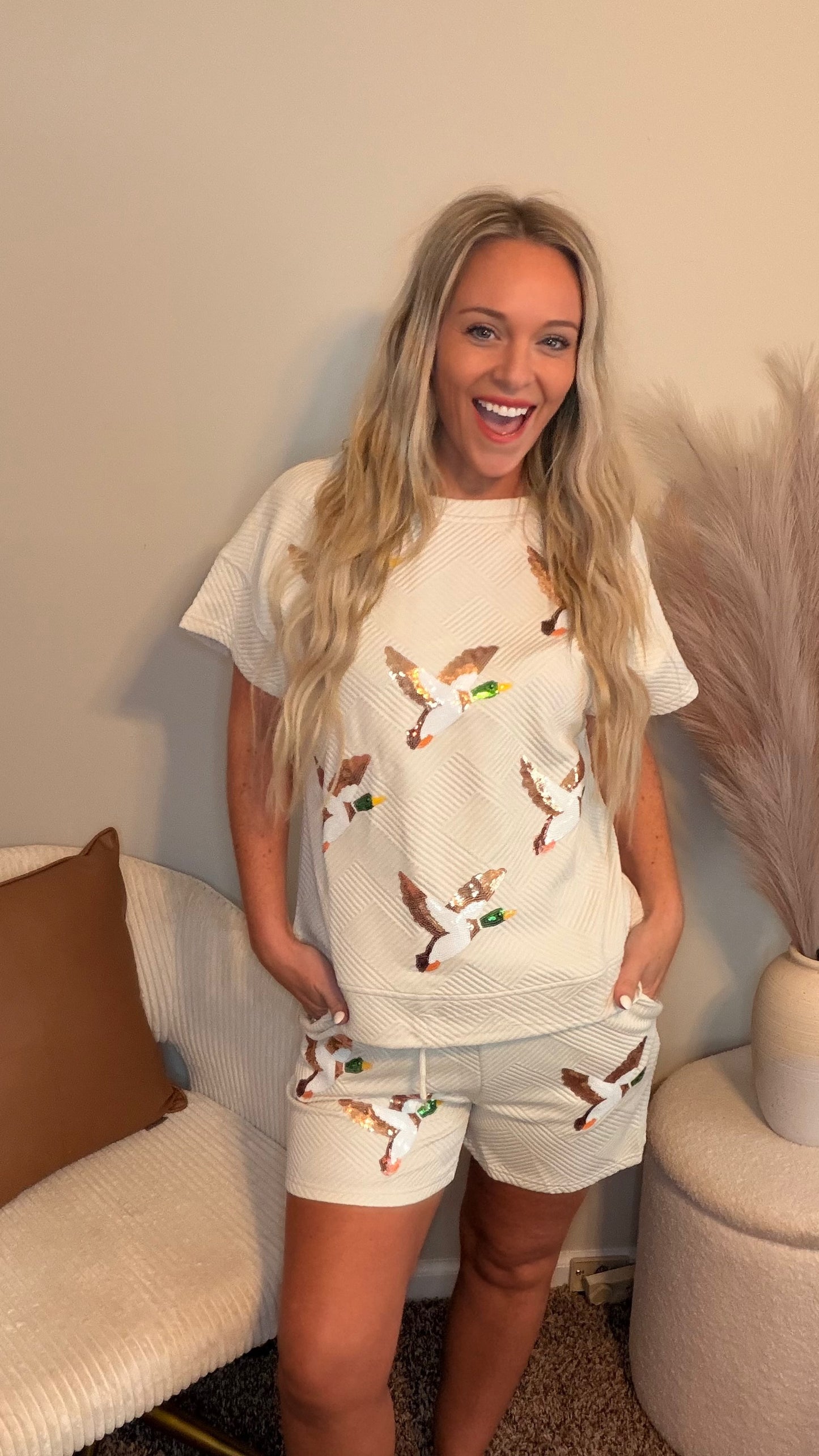 Texture Sequin Mallard Print 2pcs Shorts Set | S-XL