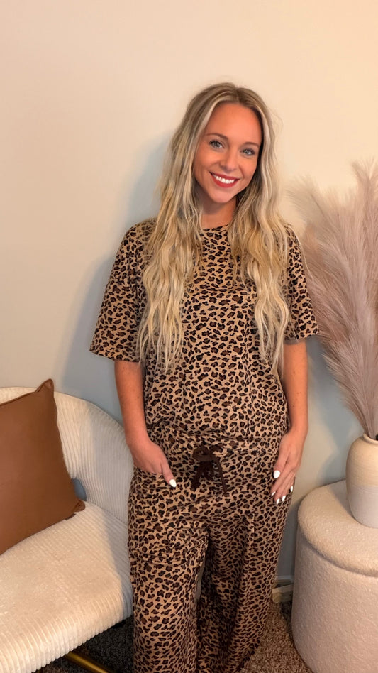 Leopard Top Drawstring Waist Barrel Pants Set | S-XL