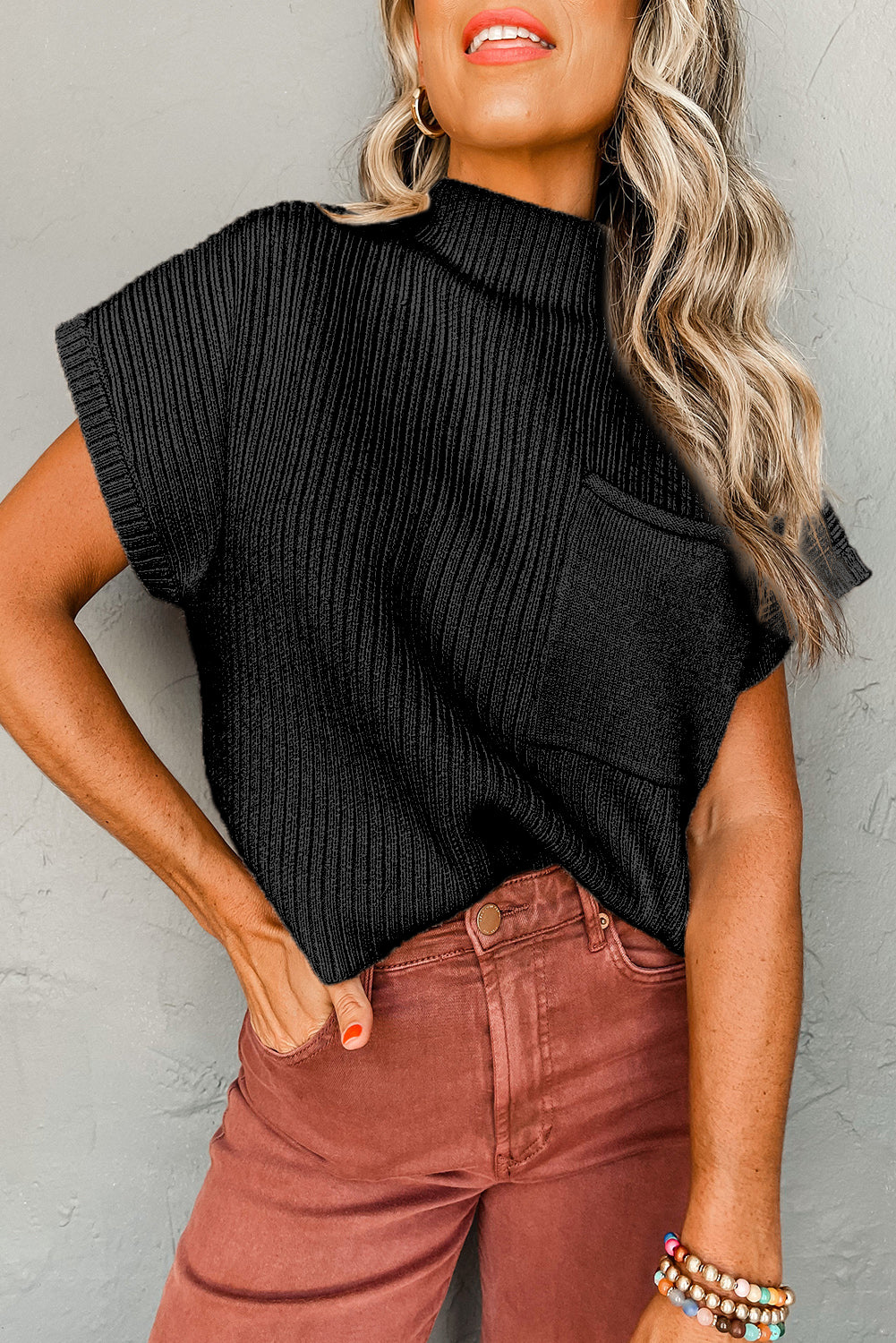 Patch Pocket Short Sleeve Sweater