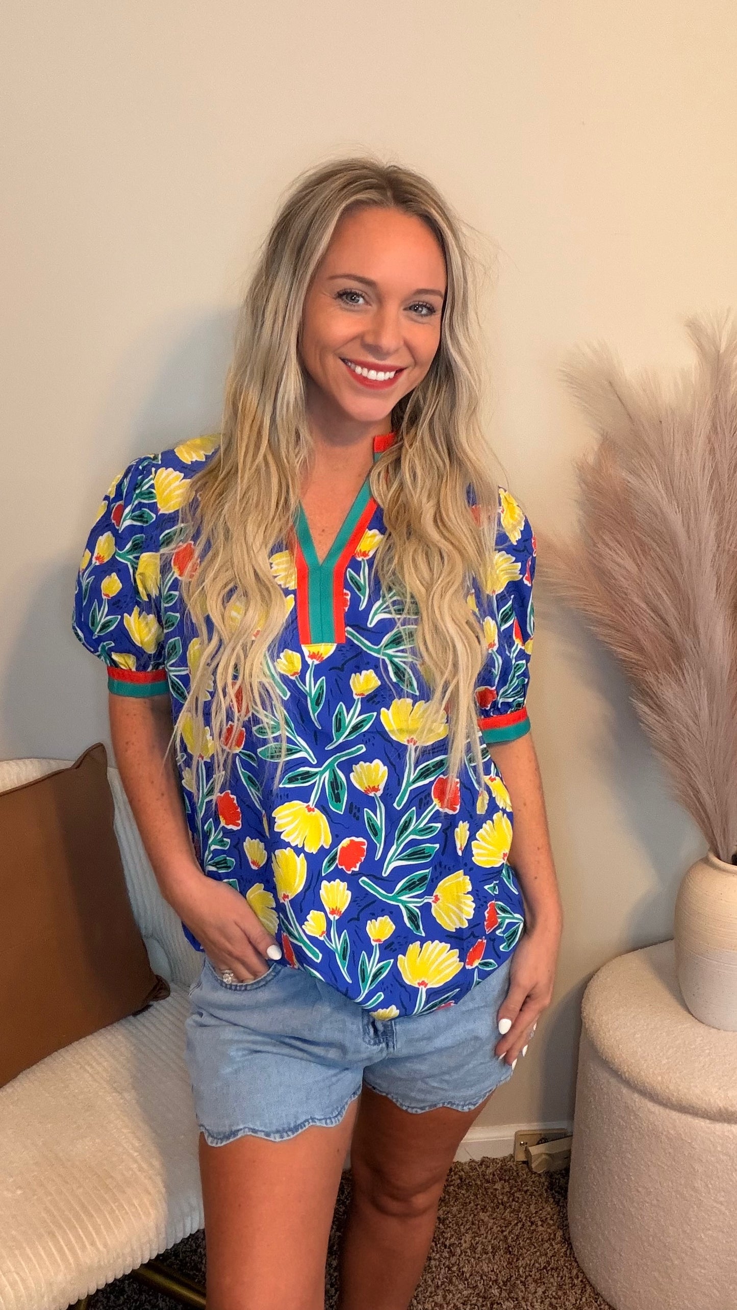 Floral Contrast Striped Patchwork V Neck Blouse | S-XL