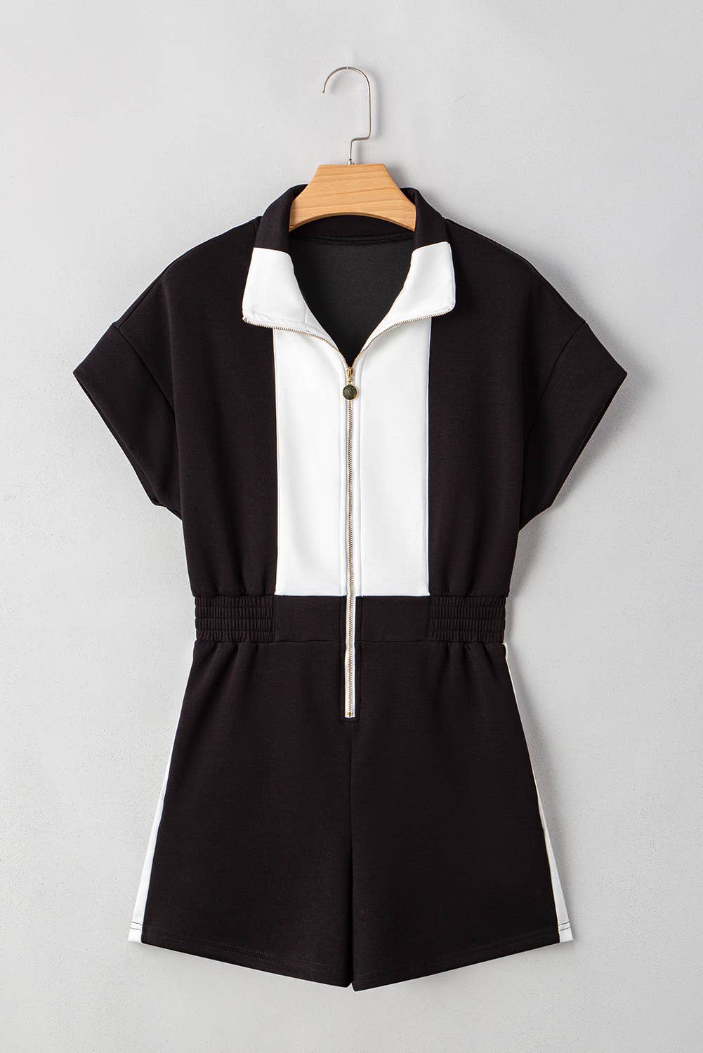 Contrast Collar Patchwork Zip Front Romper | S-XL