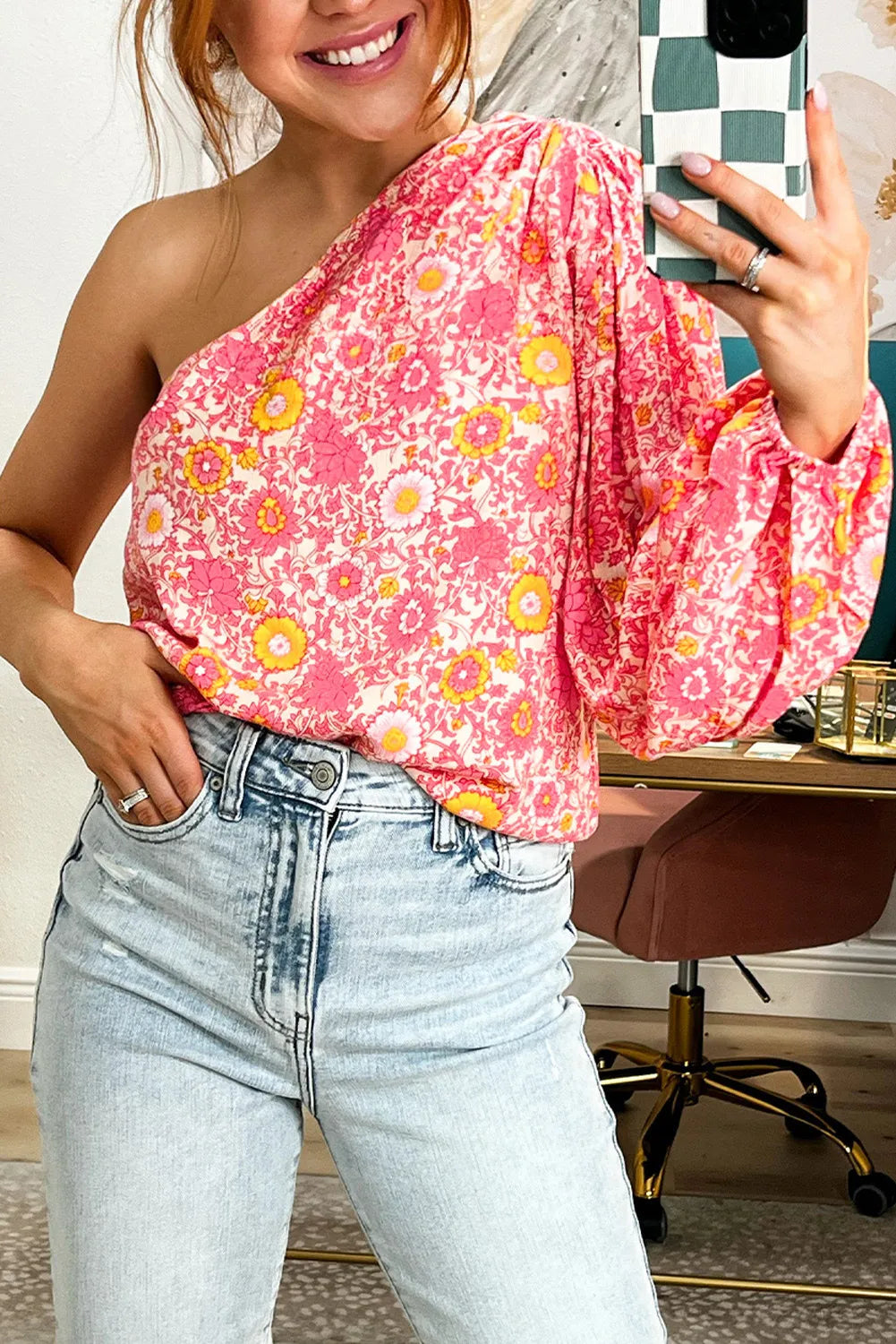 Pink Floral One Shoulder Pleated Bubble Sleeve Blouse